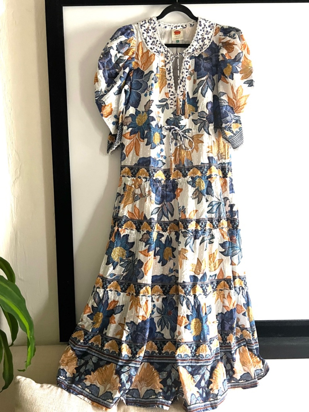 FARM Rio Off-White Floral Swiss Dot Beaded Tassels Maxi Dress Size Medium - Picture 6 of 13